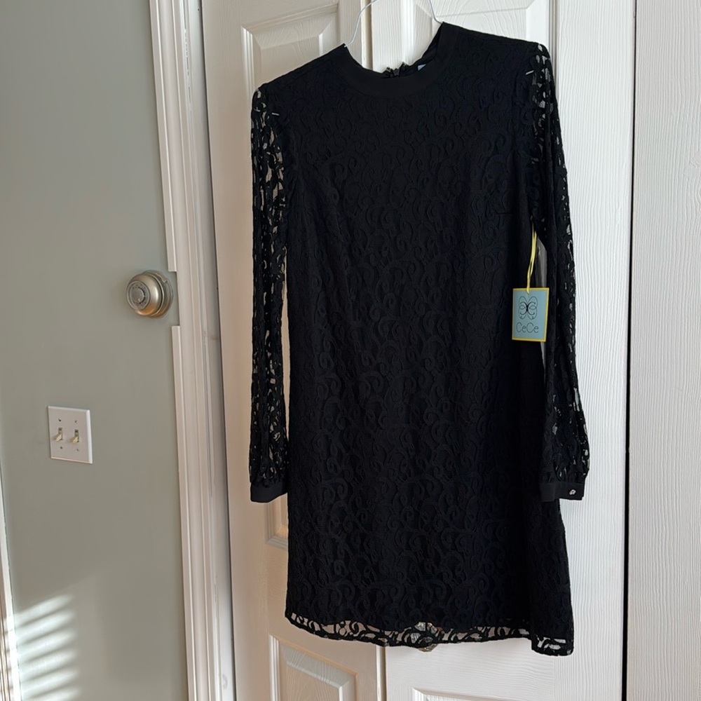 CeCe  black lace dress with back bow tie at neck